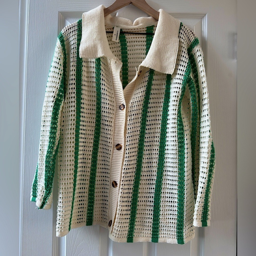 Commense Cream green stripe Crochet knit Button-Front Cardigan nwot